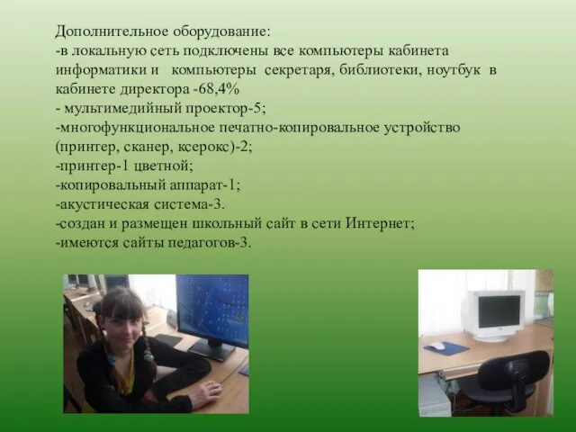 Дополнительное оборудование: -в локальную сеть подключены все компьютеры кабинета информатики и компьютеры