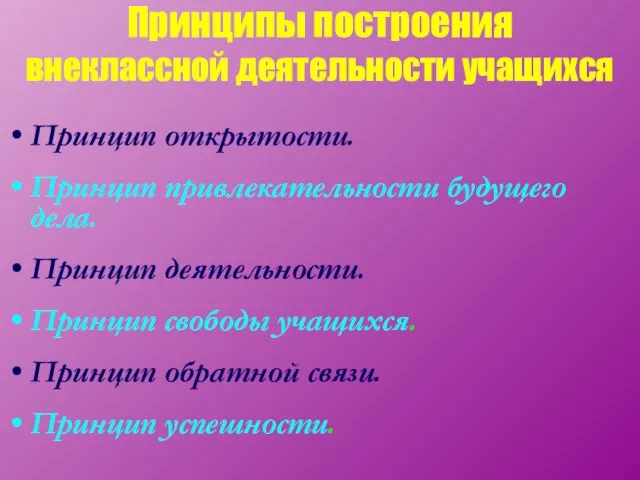 Принципы построения внеклассной деятельности учащихся Принцип открытости. Принцип привлекательности будущего дела. Принцип