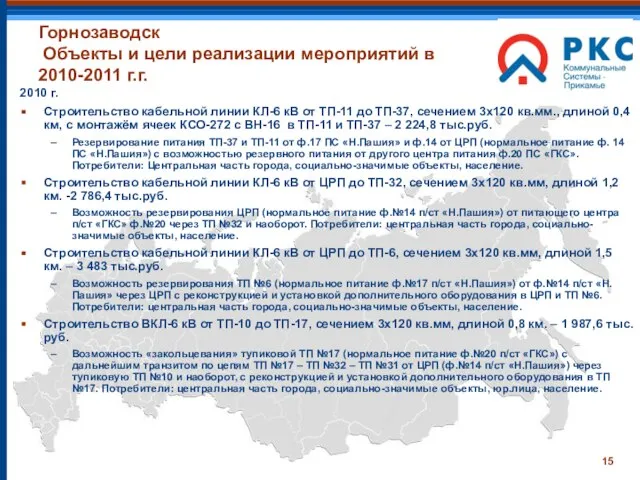 Горнозаводск Объекты и цели реализации мероприятий в 2010-2011 г.г. 2010 г. Строительство