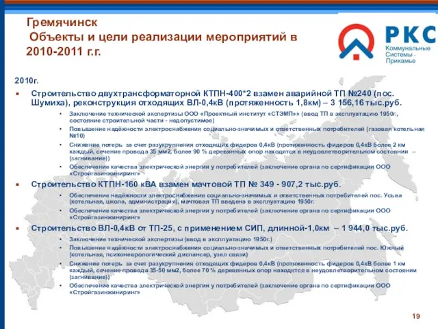 Гремячинск Объекты и цели реализации мероприятий в 2010-2011 г.г. 2010г. Строительство двухтрансформаторной