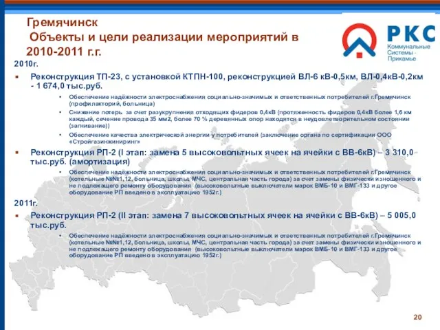 Гремячинск Объекты и цели реализации мероприятий в 2010-2011 г.г. 2010г. Реконструкция ТП-23,