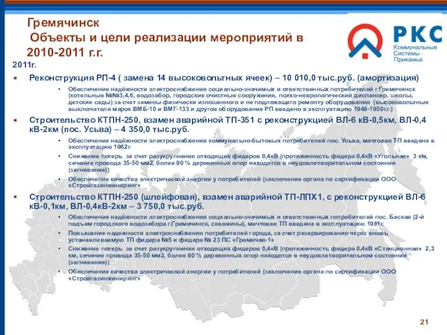 Гремячинск Объекты и цели реализации мероприятий в 2010-2011 г.г. 2011г. Реконструкция РП-4