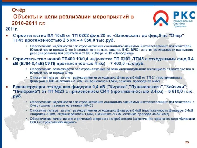 Очёр Объекты и цели реализации мероприятий в 2010-2011 г.г. 2011г. Строительство ВЛ