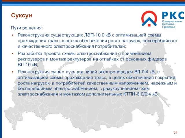 Суксун Пути решения: Реконструкция существующих ЛЭП-10,0 кВ с оптимизацией схемы прохождения трасс,