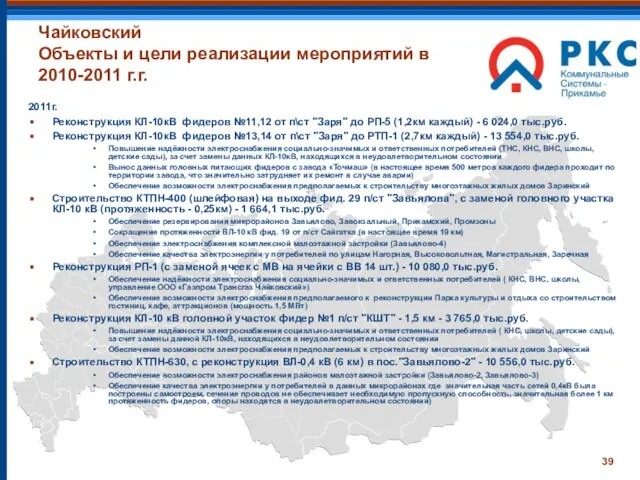 Чайковский Объекты и цели реализации мероприятий в 2010-2011 г.г. 2011г. Реконструкция КЛ-10кВ