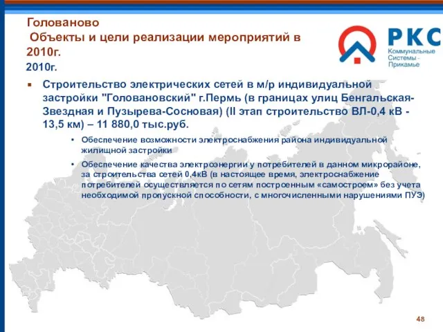 Голованово Объекты и цели реализации мероприятий в 2010г. 2010г. Строительство электрических сетей