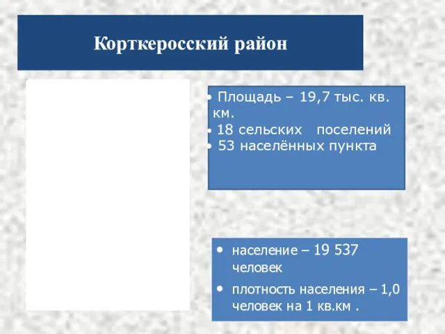 Корткеросский район Площадь – 19,7 тыс. кв. км. 18 сельских поселений 53