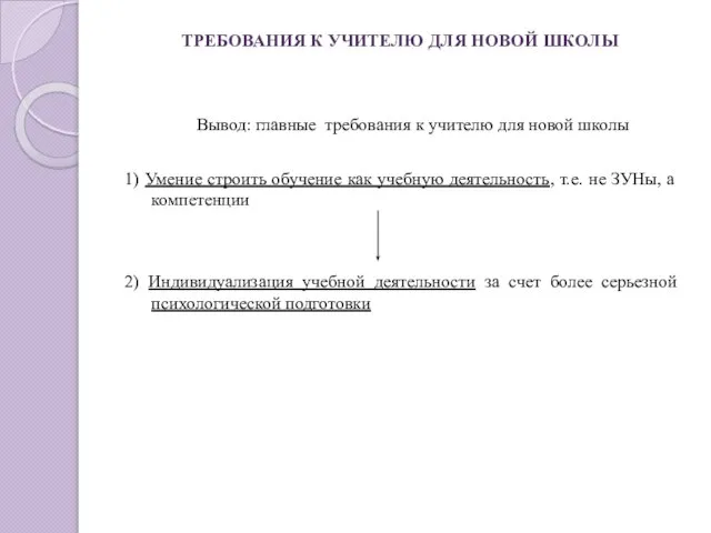 ТРЕБОВАНИЯ К УЧИТЕЛЮ ДЛЯ НОВОЙ ШКОЛЫ Вывод: главные требования к учителю для