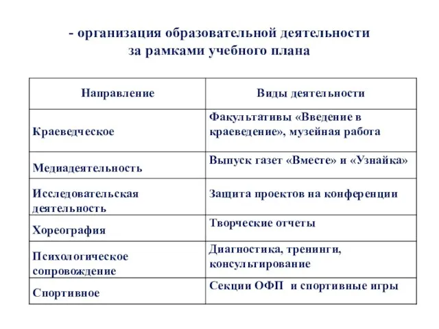 - организация образовательной деятельности за рамками учебного плана