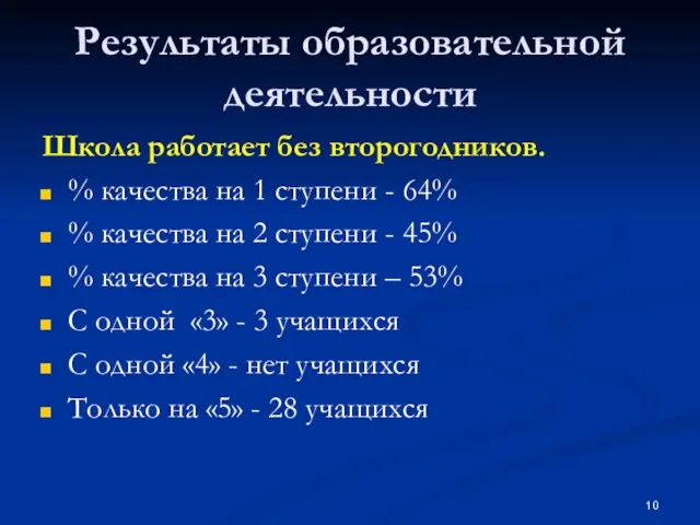 Результаты образовательной деятельности Школа работает без второгодников. % качества на 1 ступени