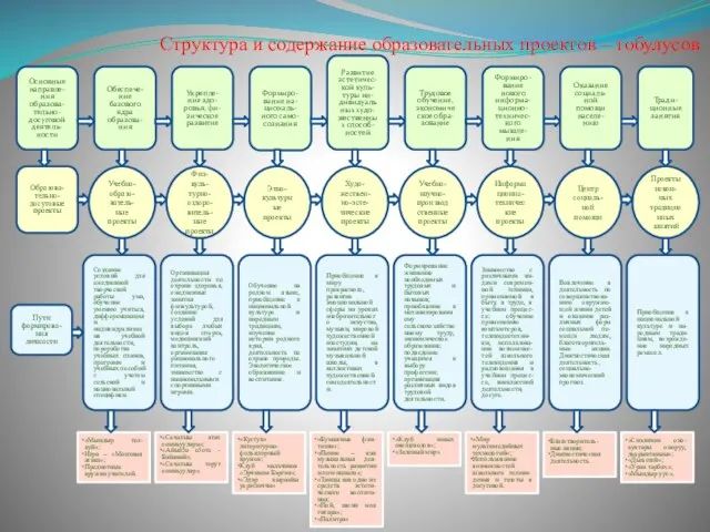 Структура и содержание образовательных проектов – тобулусов Основные направле-ния образова-тельно-досуговой деятель-ности Обеспече-ние