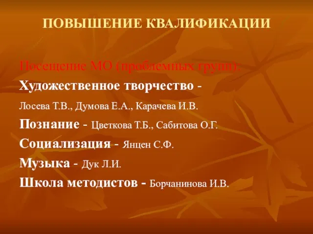 ПОВЫШЕНИЕ КВАЛИФИКАЦИИ Посещение МО (проблемных групп): Художественное творчество - Лосева Т.В., Думова