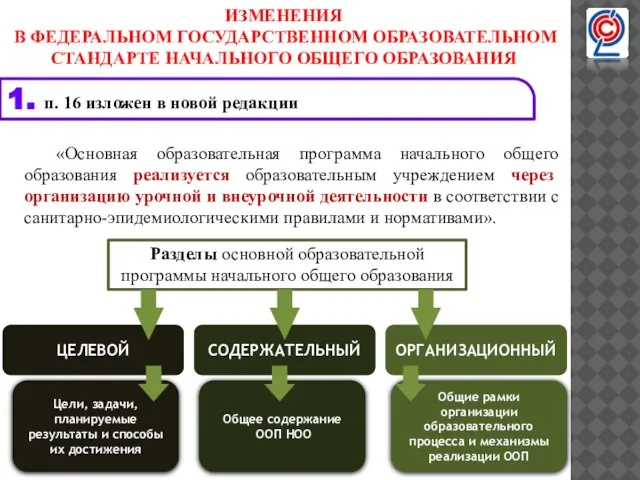 «Основная образовательная программа начального общего образования реализуется образовательным учреждением через организацию урочной