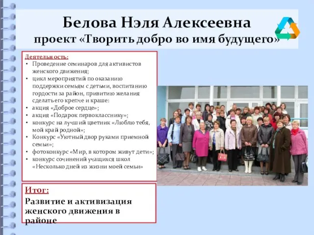 Белова Нэля Алексеевна проект «Творить добро во имя будущего» Итог: Развитие и