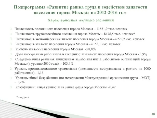 Характеристика текущего состояния Численность постоянного населения города Москвы – 11551,9 тыс. человек