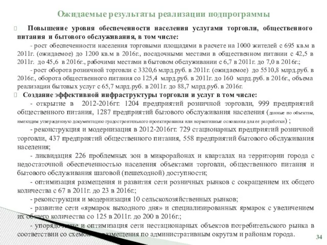 Ожидаемые результаты реализации подпрограммы Повышение уровня обеспеченности населения услугами торговли, общественного питания