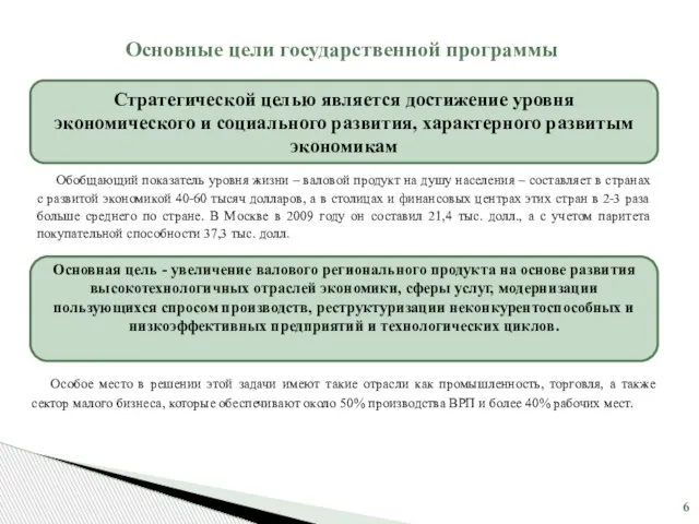 Основные цели государственной программы Обобщающий показатель уровня жизни – валовой продукт на