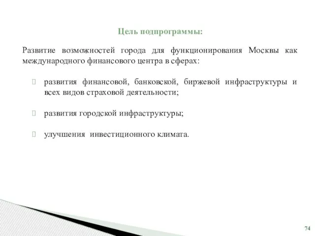 Цель подпрограммы: Развитие возможностей города для функционирования Москвы как международного финансового центра