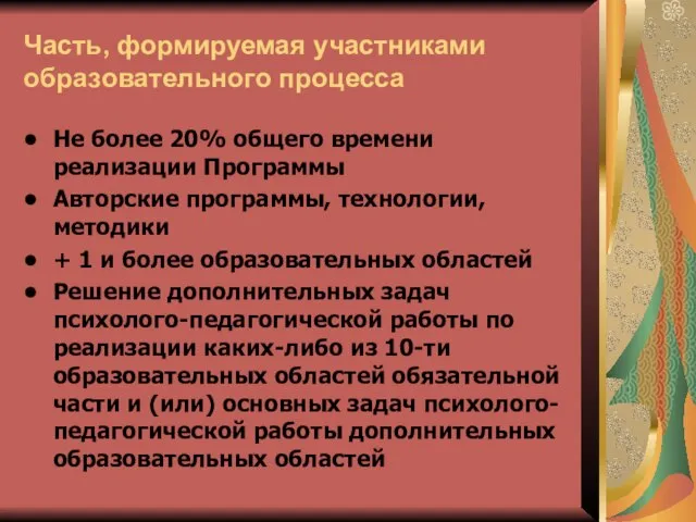 Часть, формируемая участниками образовательного процесса Не более 20% общего времени реализации Программы