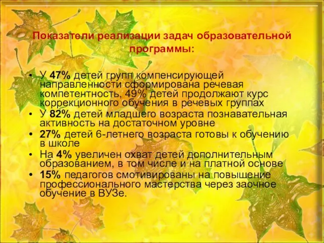 Показатели реализации задач образовательной программы: У 47% детей групп компенсирующей направленности сформирована