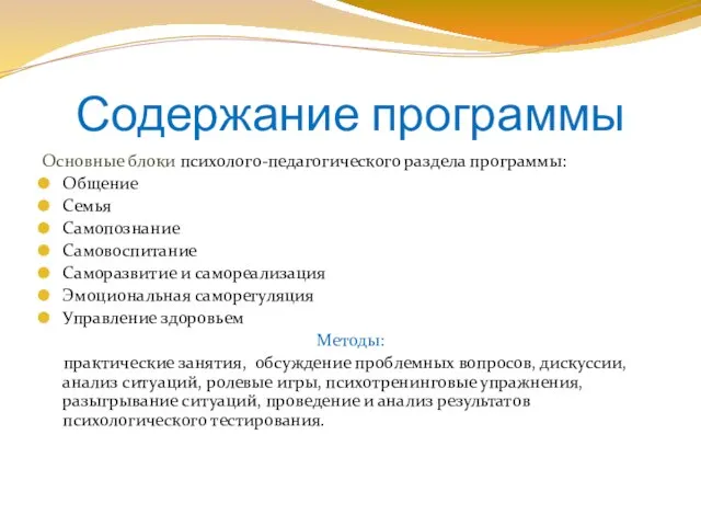 Содержание программы Основные блоки психолого-педагогического раздела программы: Общение Семья Самопознание Самовоспитание Саморазвитие