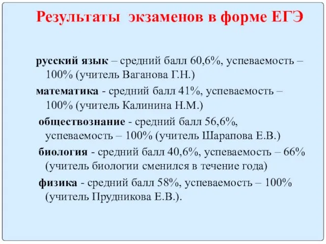 Результаты экзаменов в форме ЕГЭ русский язык – средний балл 60,6%, успеваемость