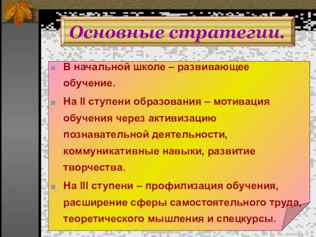 Основные стратегии. В начальной школе – развивающее обучение. На II ступени образования