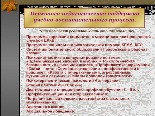 Психолого-педагогическая поддержка учебно-воспитательного процесса. Что помогает реализовывать это направление: Программа коррекции совместно