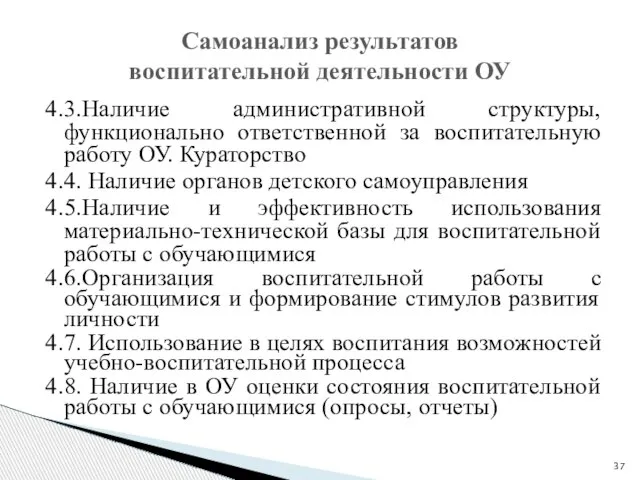 Самоанализ результатов воспитательной деятельности ОУ 4.3.Наличие административной структуры, функционально ответственной за воспитательную