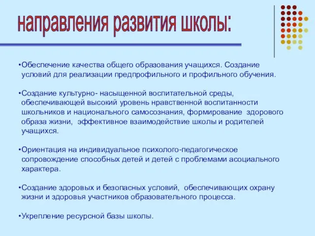 Обеспечение качества общего образования учащихся. Создание условий для реализации предпрофильного и профильного