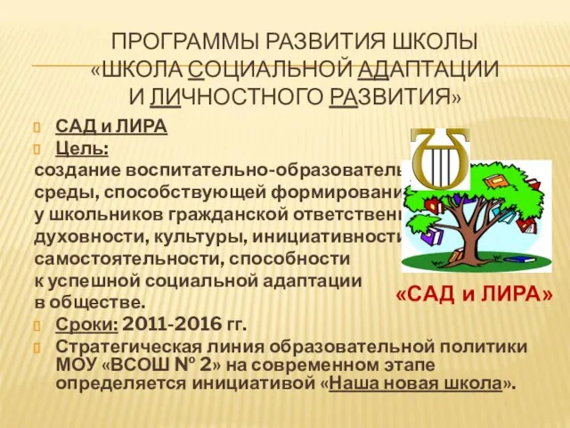 ПРОГРАММЫ РАЗВИТИЯ ШКОЛЫ «ШКОЛА СОЦИАЛЬНОЙ АДАПТАЦИИ И ЛИЧНОСТНОГО РАЗВИТИЯ» САД и ЛИРА