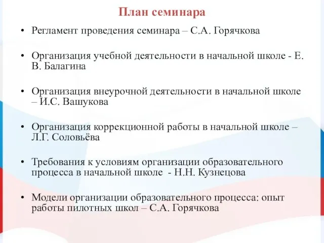 План семинара Регламент проведения семинара – С.А. Горячкова Организация учебной деятельности в