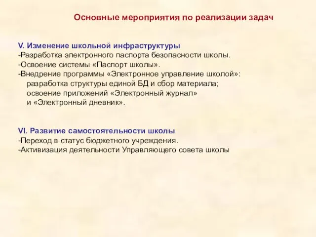 Основные мероприятия по реализации задач V. Изменение школьной инфраструктуры -Разработка электронного паспорта