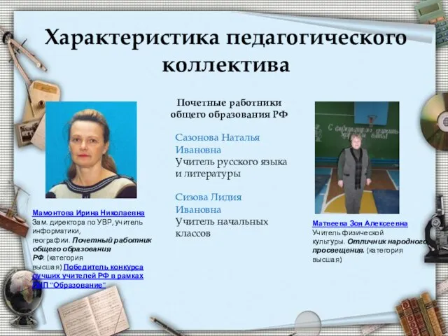 Мамонтова Ирина Николаевна Зам. директора по УВР, учитель информатики, географии. Почетный работник