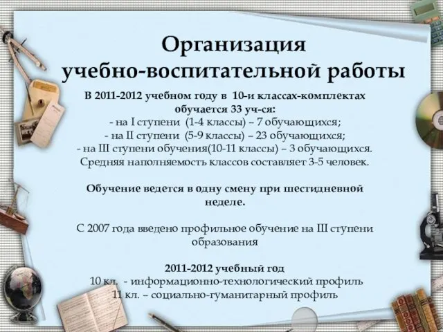 Организация учебно-воспитательной работы В 2011-2012 учебном году в 10-и классах-комплектах обучается 33