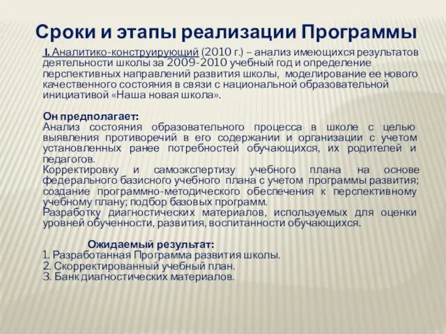 Сроки и этапы реализации Программы I. Аналитико-конструирующий (2010 г.) – анализ имеющихся