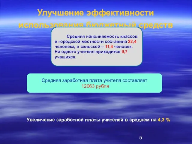 Улучшение эффективности использования бюджетный средств Средняя заработная плата учителя составляет 12063 рубля