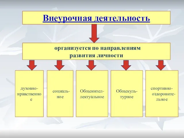 социаль- ное спортивно-оздоровите- льное Общекуль- турное Внеурочная деятельность организуется по направлениям развития