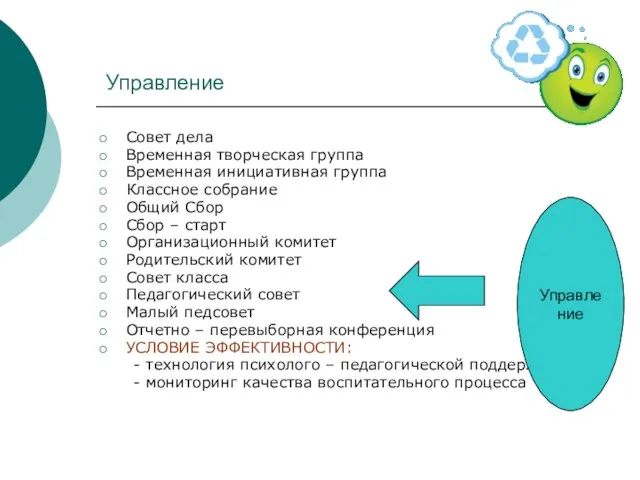 Управление Совет дела Временная творческая группа Временная инициативная группа Классное собрание Общий