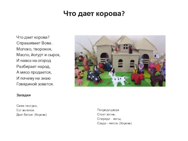 Что дает корова? Что дает корова? Спрашивает Вова. Молоко, творожок, Масло, йогурт