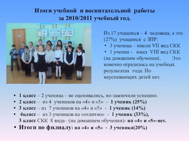 Итоги учебной и воспитательной работы за 2010/2011 учебный год. Из 17 учащихся