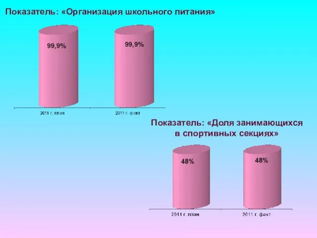 Показатель: «Доля занимающихся в спортивных секциях» Показатель: «Организация школьного питания»