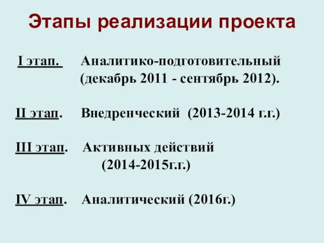 Этапы реализации проекта I этап. Аналитико-подготовительный (декабрь 2011 - сентябрь 2012). II