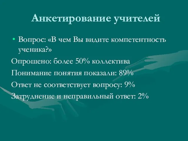 Анкетирование учителей Вопрос: «В чем Вы видите компетентность ученика?» Опрошено: более 50%