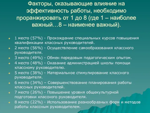 Факторы, оказывающие влияние на эффективность работы, необходимо проранжировать от 1 до 8