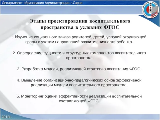 Этапы проектирования воспитательного пространства в условиях ФГОС 1.Изучение социального заказа родителей, детей,