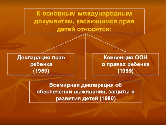 К основным международным документам, касающимся прав детей относятся: Декларация прав ребенка (1959)