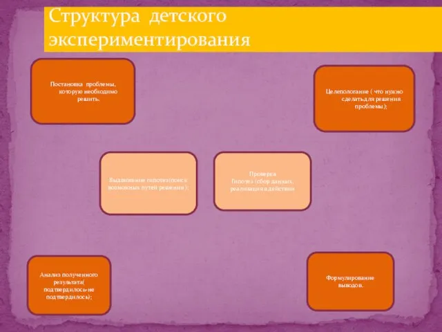 Структура детского экспериментирования Постановка проблемы, которую необходимо решить. Выдвижение гипотез(поиск возможных путей