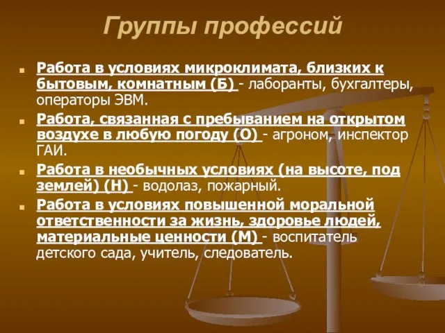 Группы профессий Работа в условиях микроклимата, близких к бытовым, комнатным (Б) -