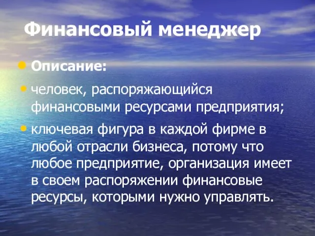 Финансовый менеджер Описание: человек, распоряжающийся финансовыми ресурсами предприятия; ключевая фигура в каждой